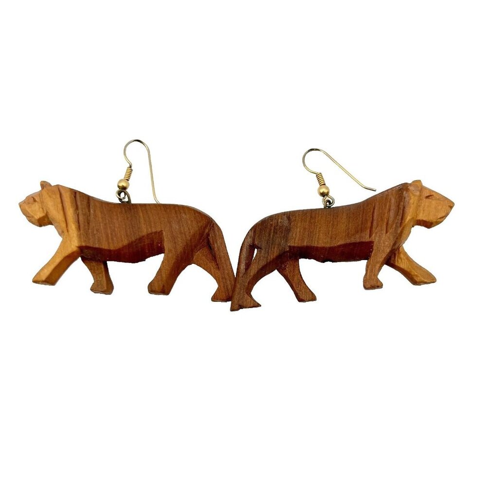 Pair of Wooden Hand Carved Lion Earrings Drop Dangle Brown Safari Tribal Boho